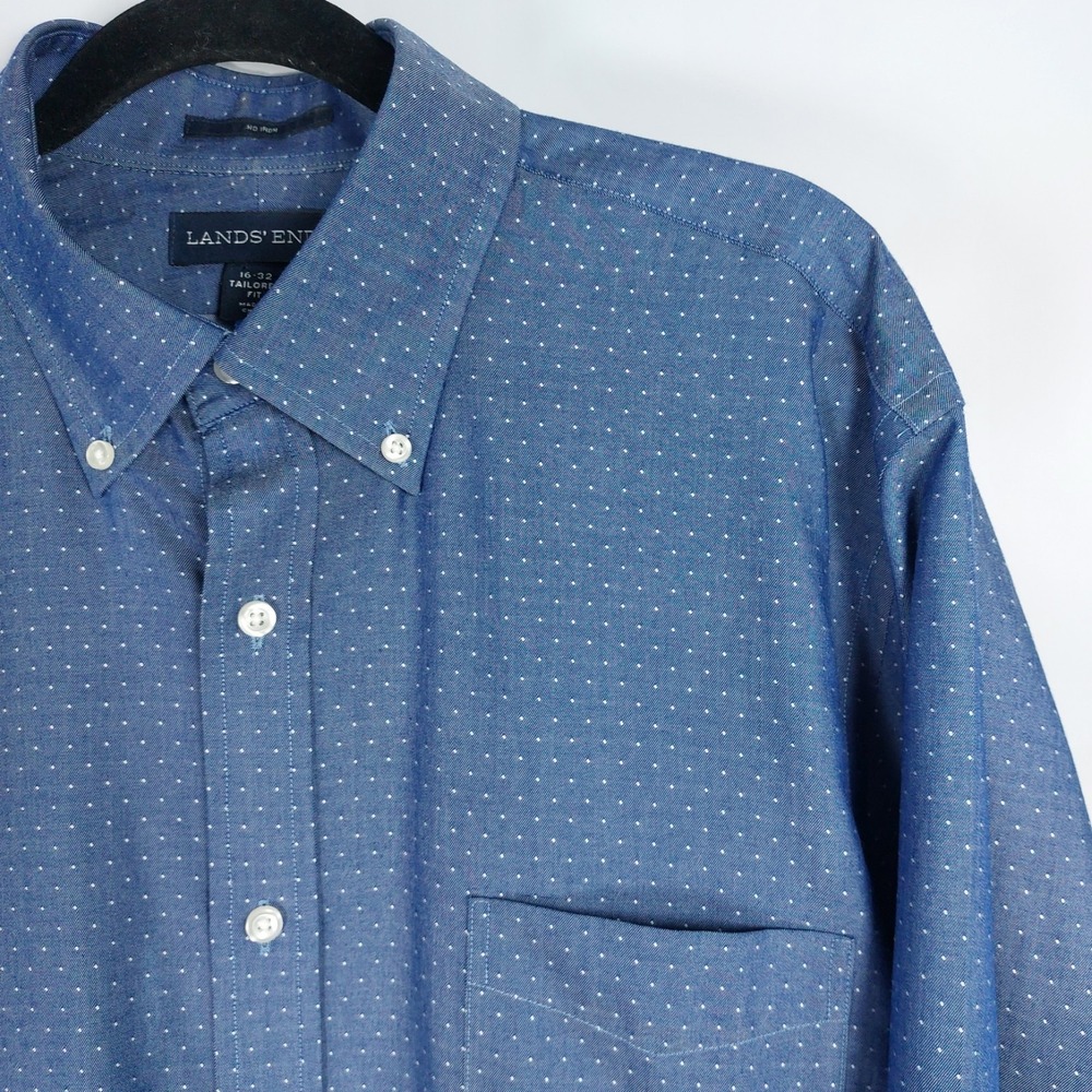 Land's End Mens Long Sleeve Tailored Fit Shirt Blue Chambray White Dot Sz 16/32